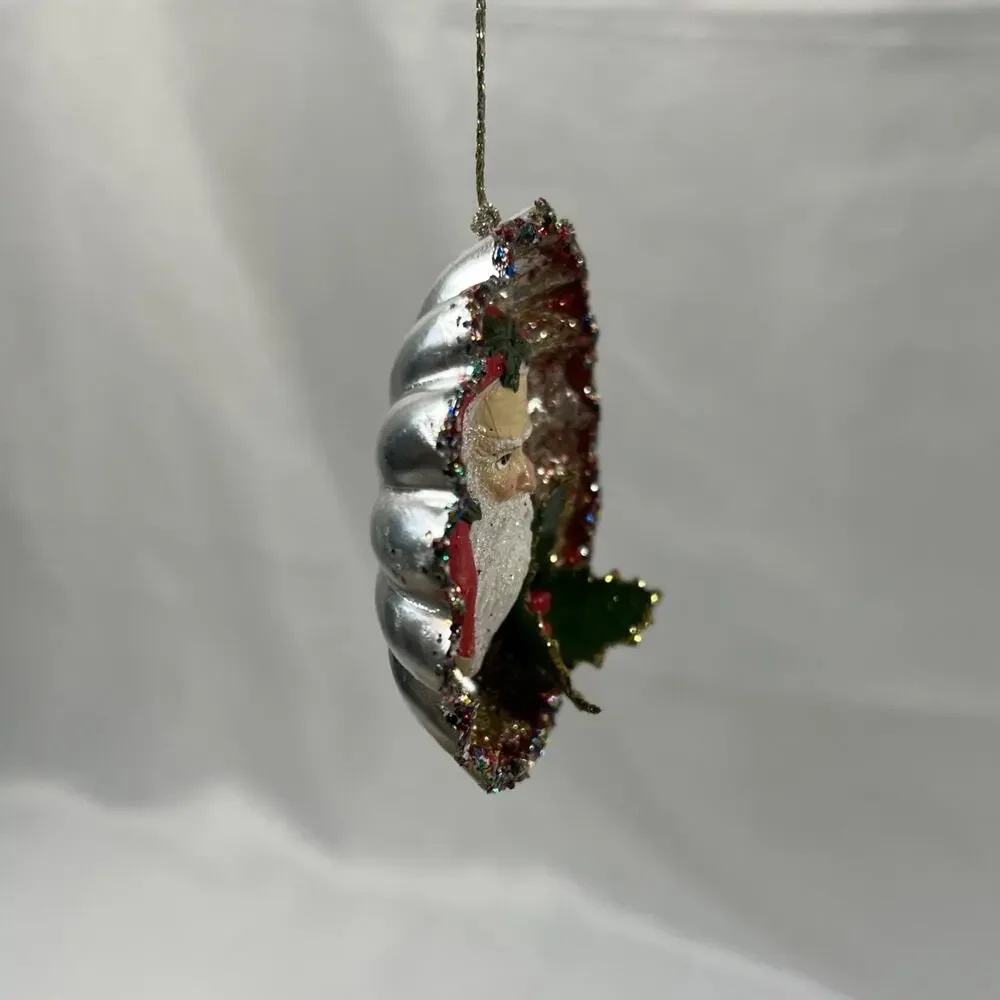 Vintage Round Tart Tin Old World Santa Diorama Mid Century Glitter Ornament